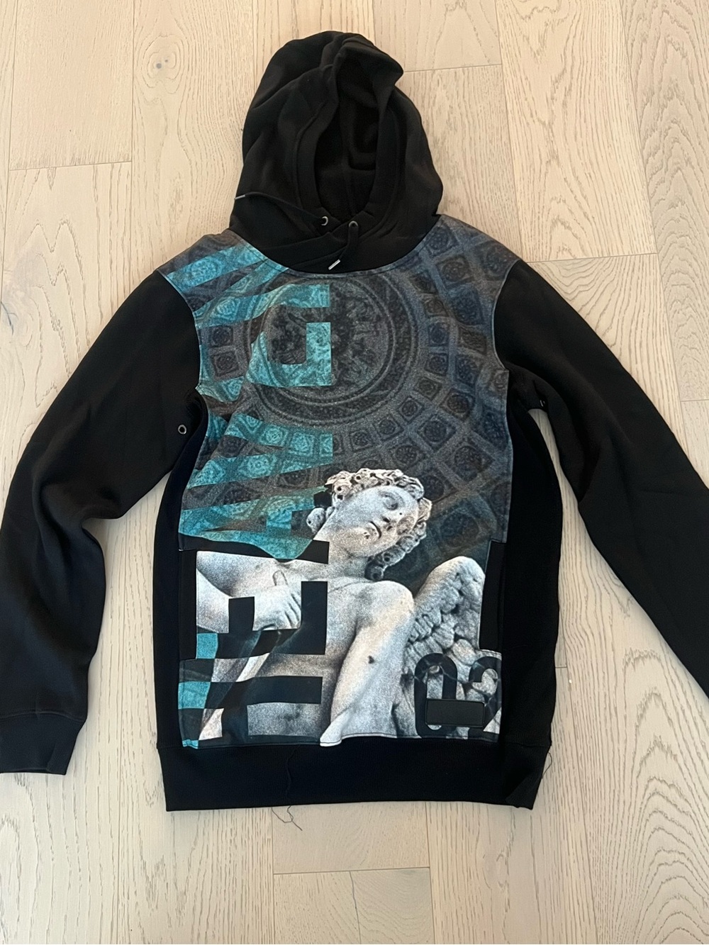 Black Hoodie with Turquoise & Gray Angel Graphic
